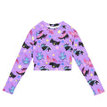 Vibrant Axolotl Long-sleeved Crop Top in purple, eco-friendly for sports and athleisure, featuring cute axolotl designs.