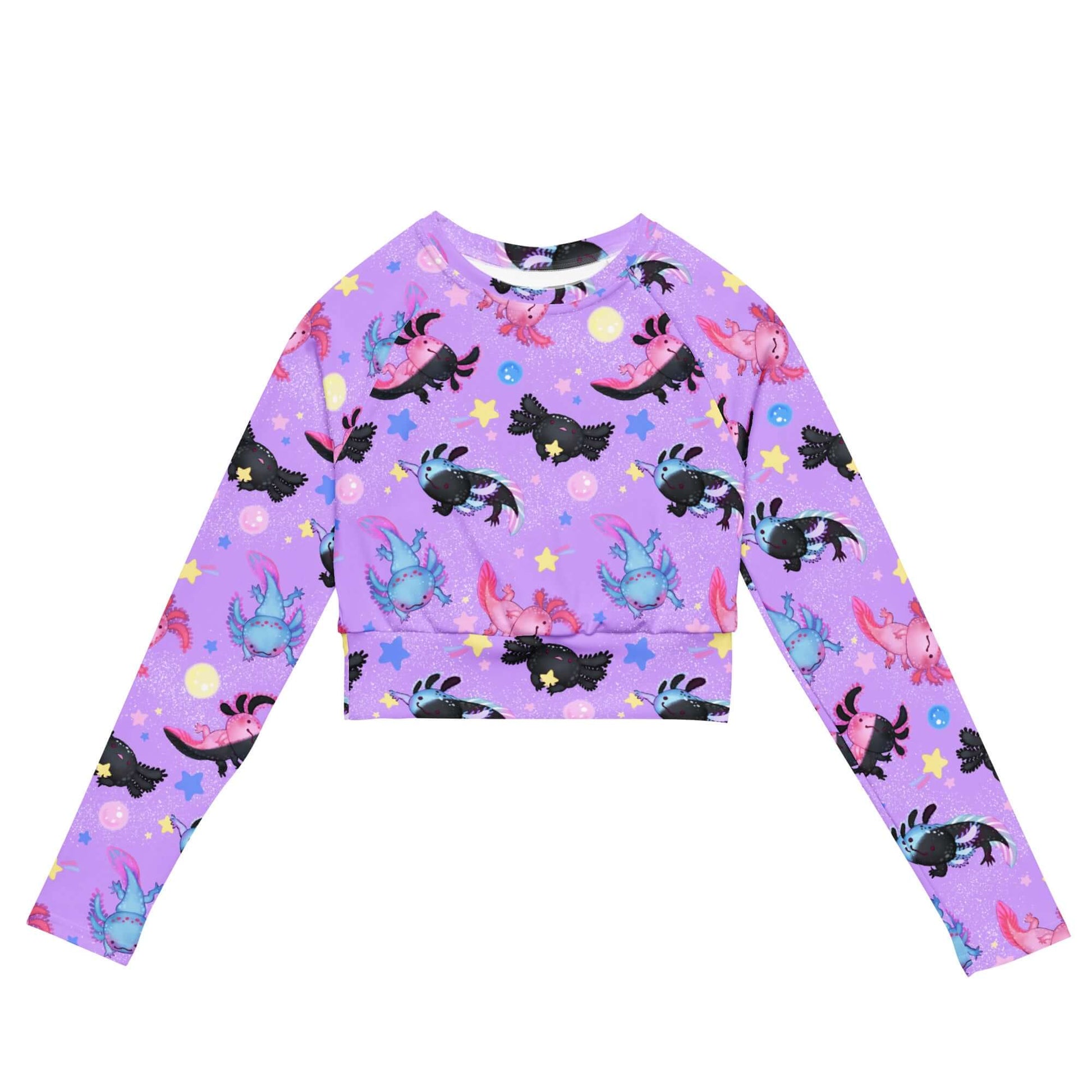 Vibrant Axolotl Long-sleeved Crop Top in purple, eco-friendly for sports and athleisure, featuring cute axolotl designs.