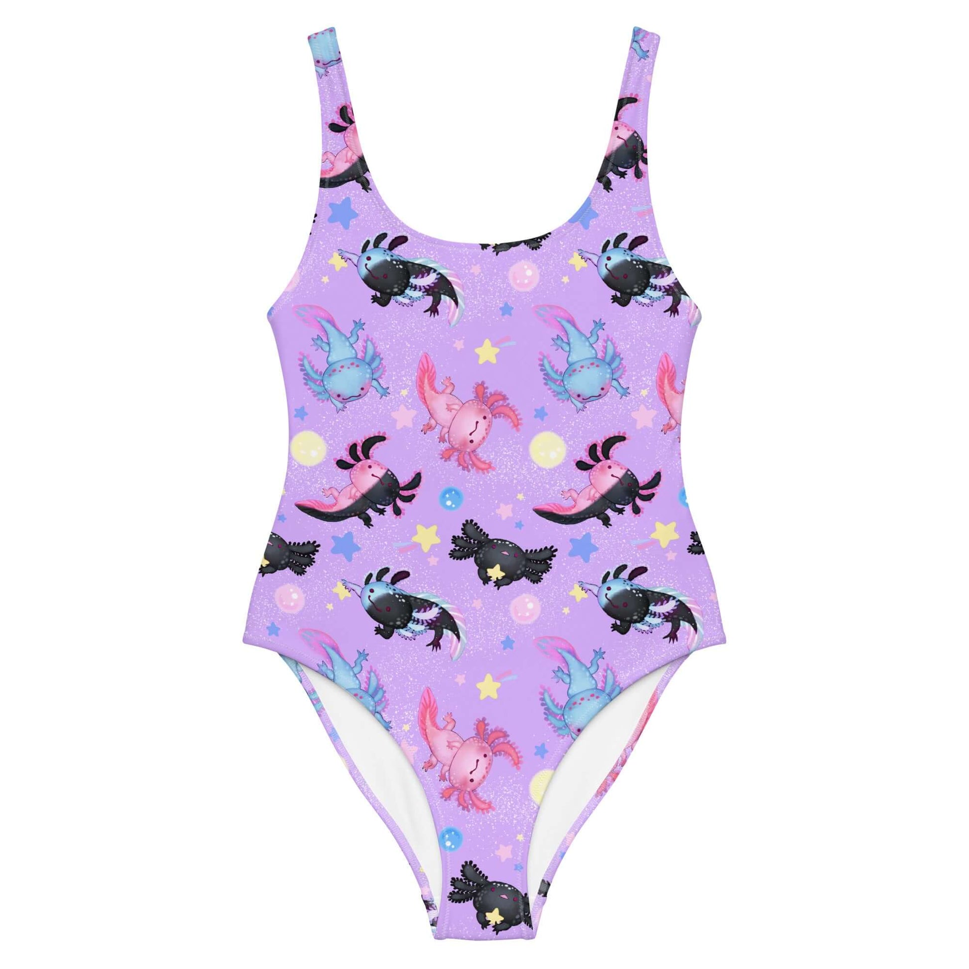 Cute Axolotl One-Piece Swimsuit in vibrant colors, perfect for summer days at the pool. Ideal for all figures!