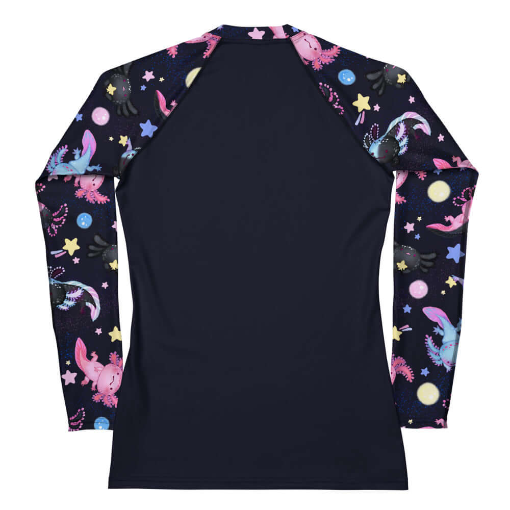 Long-sleeve Axolotl Rash Guard featuring a playful design, perfect for active wear and sun protection.