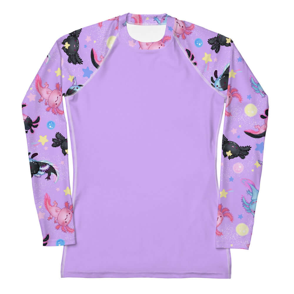 Stylish Axolotl Rash Guard featuring vibrant axolotl designs, perfect for sun protection during active sports.