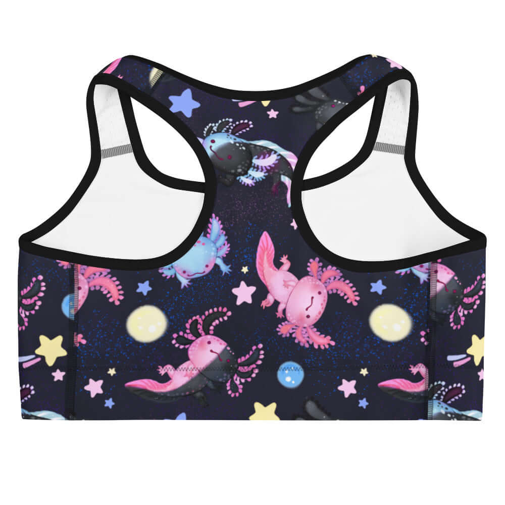 Shop the Axolotl Sports bra, featuring a vibrant design and moisture-wicking material for ultimate support during workouts.