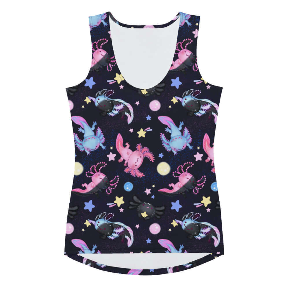 Cute Axolotl Tank Top featuring colorful axolotls and stars, perfect for summer fun at the pool. Order one size down!