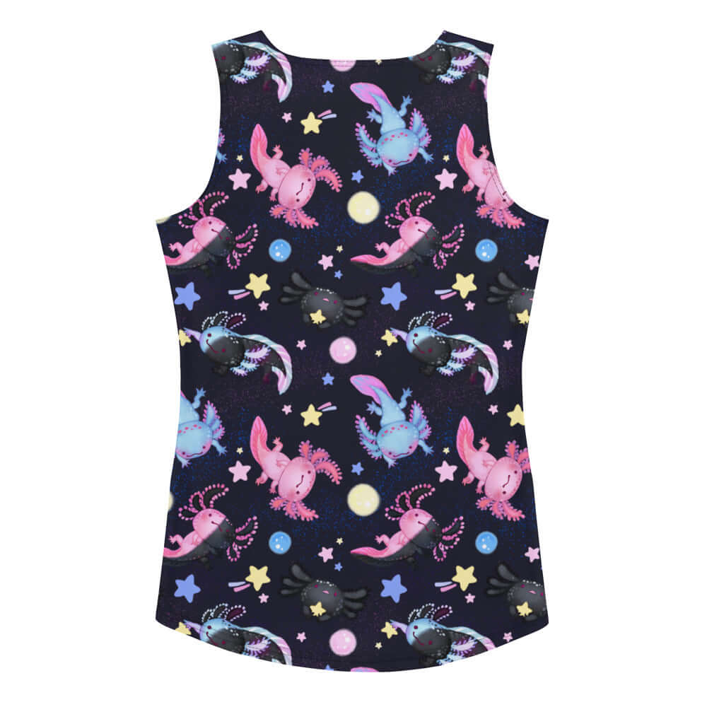 Cute and colorful Axolotl Tank Top perfect for summer days by the pool, featuring adorable axolotl designs.