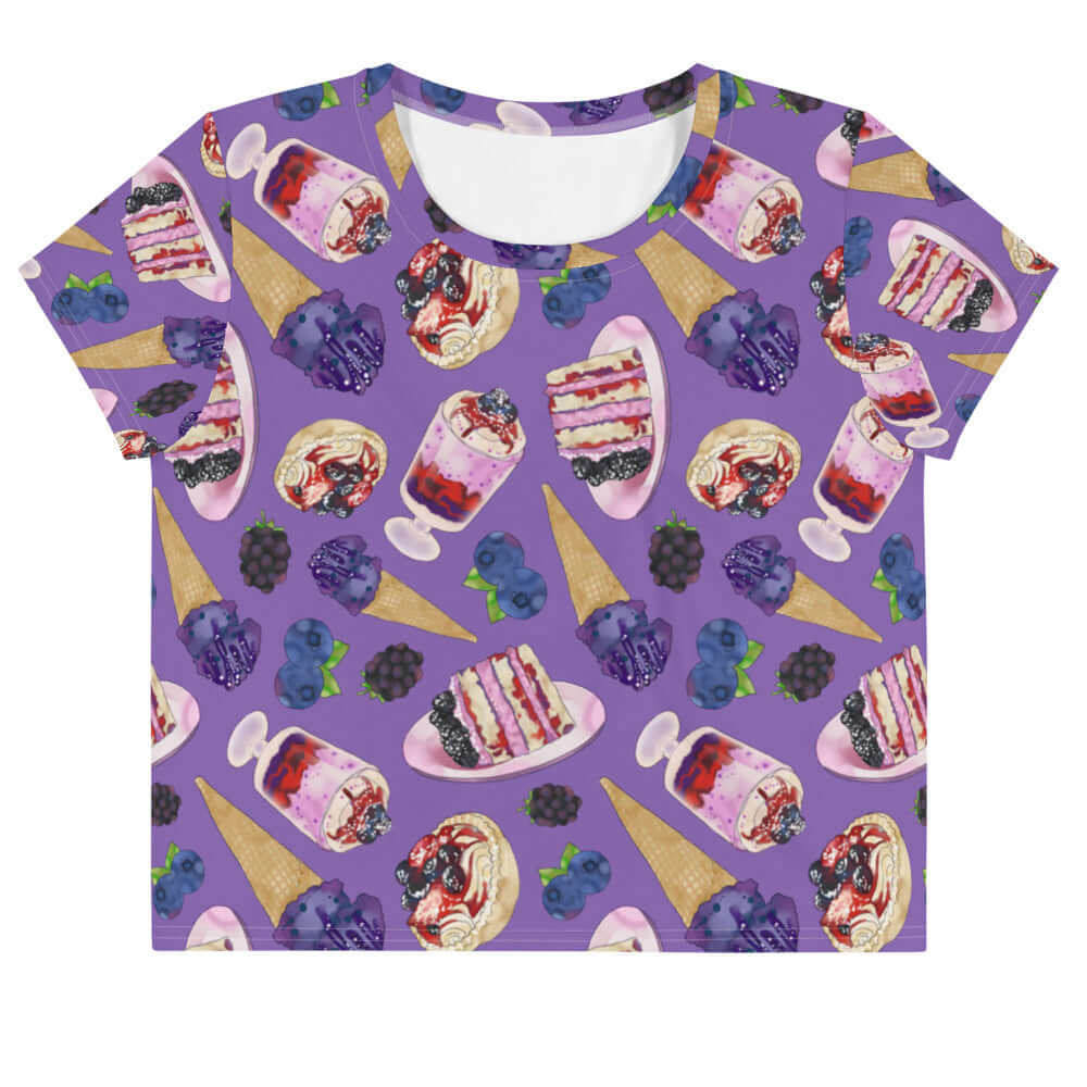 Vibrant Berry Crop Top featuring a fun dessert pattern, perfect for summer outfits with its four-way stretch fabric.