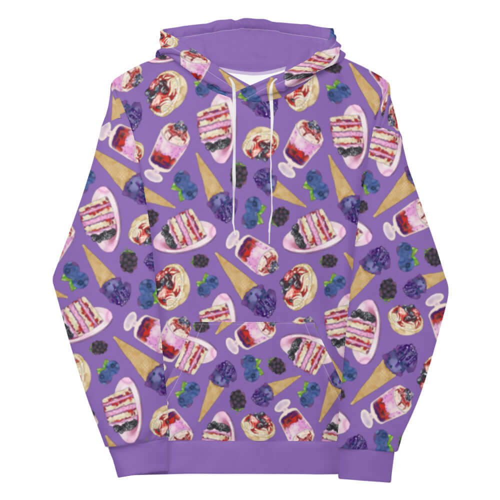 Vibrant Berry Hoodie in violet with a fun print, perfect for adding style to your winter wardrobe.