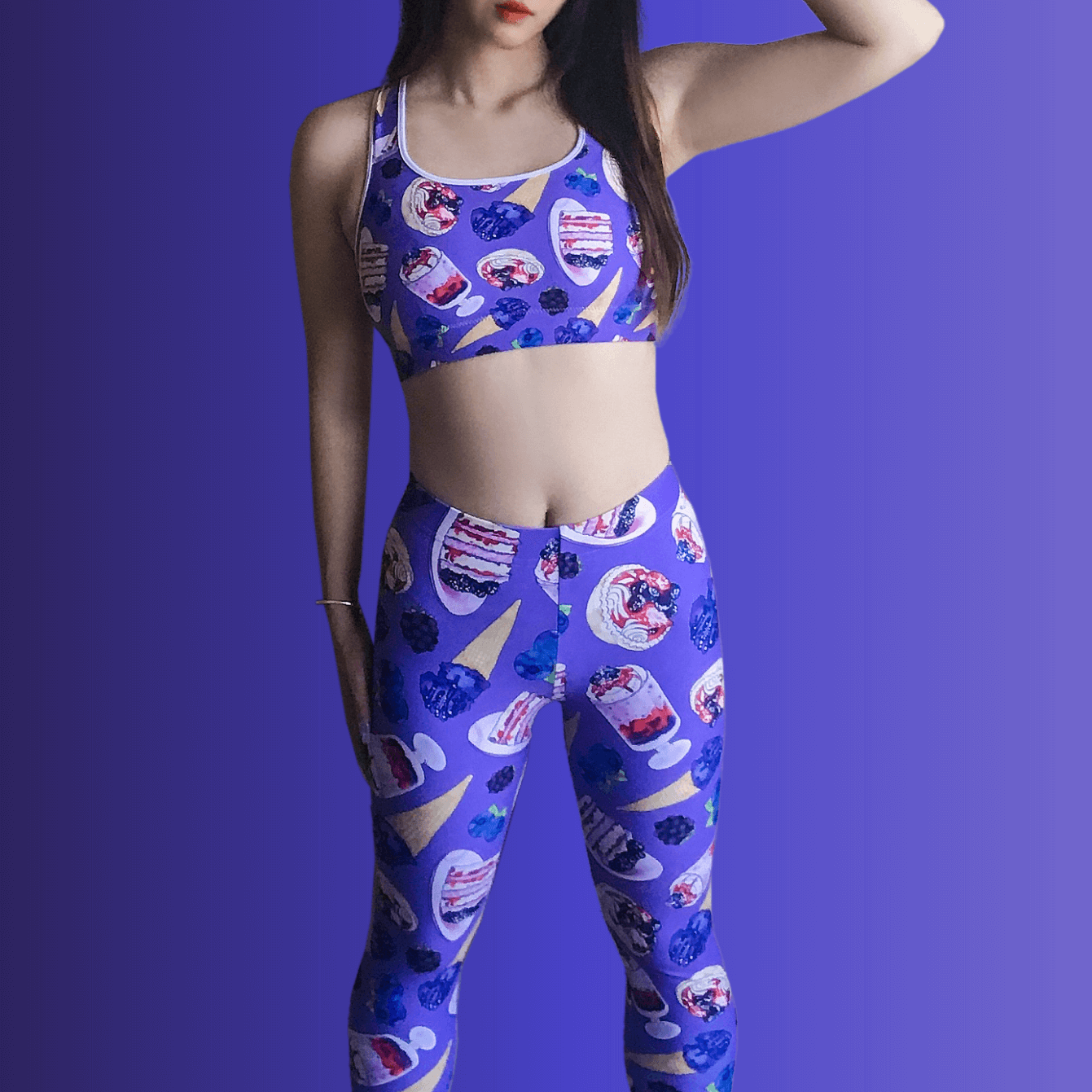 Stylish Berry Leggings featuring vibrant fruit and dessert patterns, perfect for workouts or casual wear.