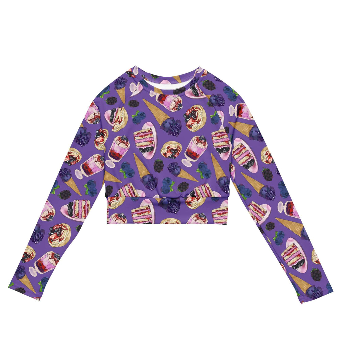 Berry Long-sleeved Crop Top featuring a playful design, perfect for athleisure and eco-friendly outfits.