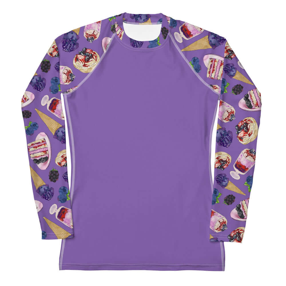 Berry Rash Guard in vibrant purple with playful ice cream print, perfect for active days under the sun.