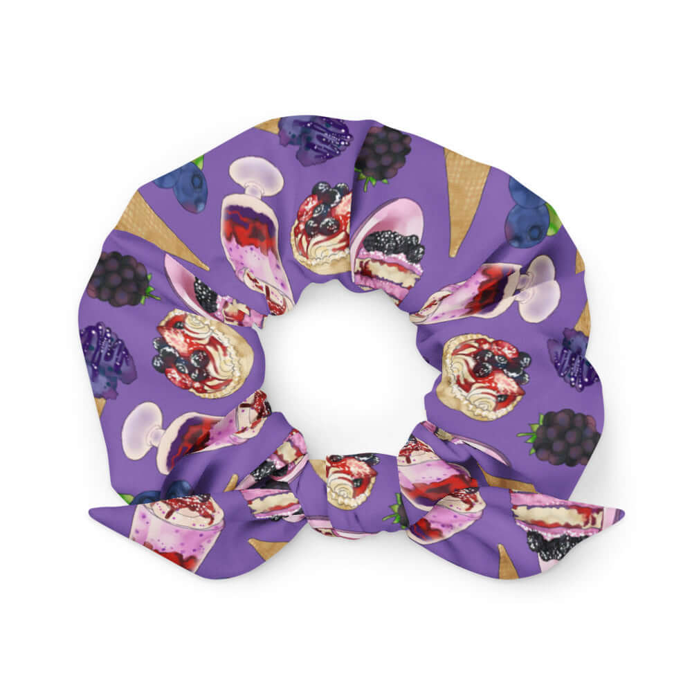 Stylish Berry Scrunchie featuring a fun dessert print, perfect for keeping your hair cute and trendy. Get yours now!