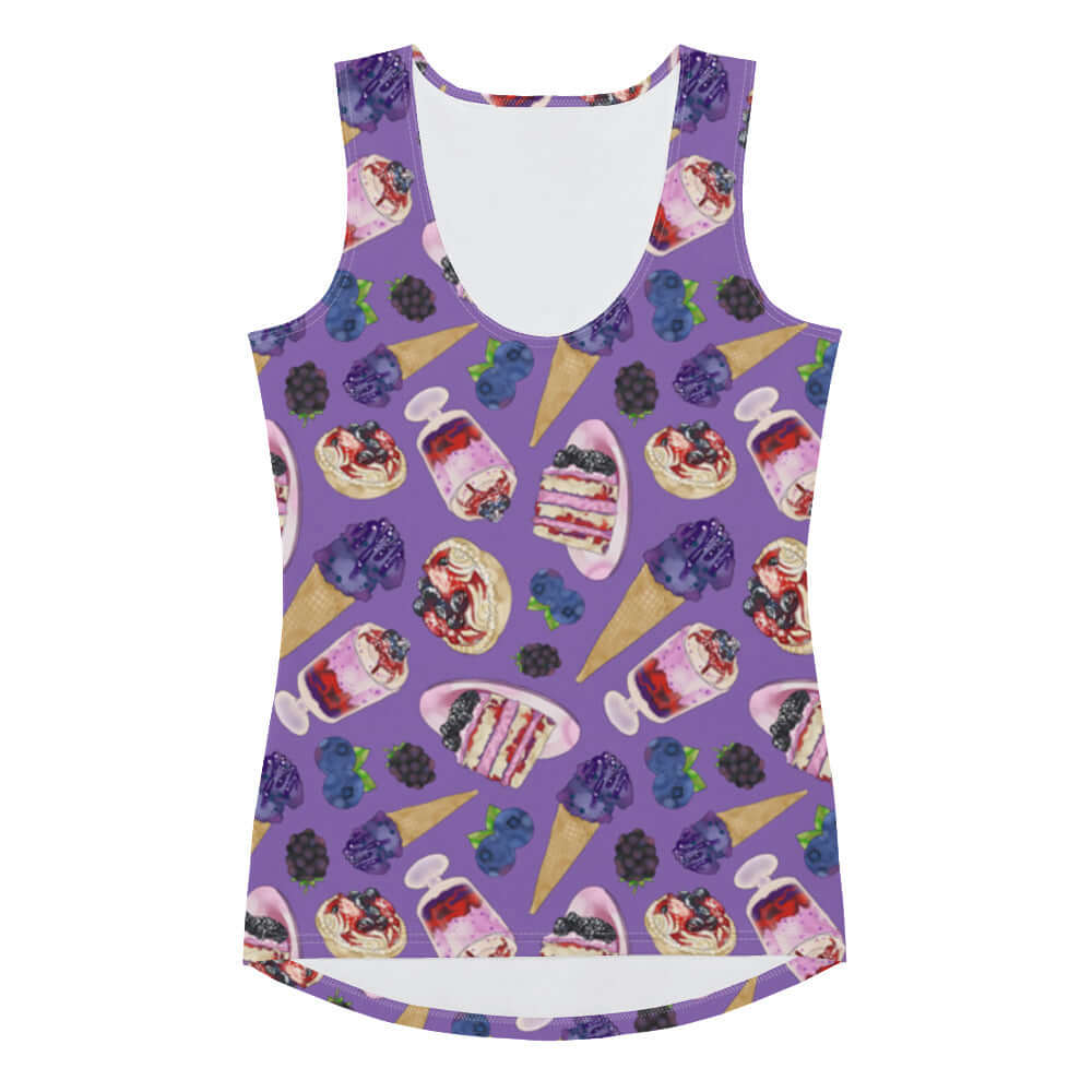 Bright and fun, the Berry Tank Top features playful berry desserts, perfect for summer styling and comfort.
