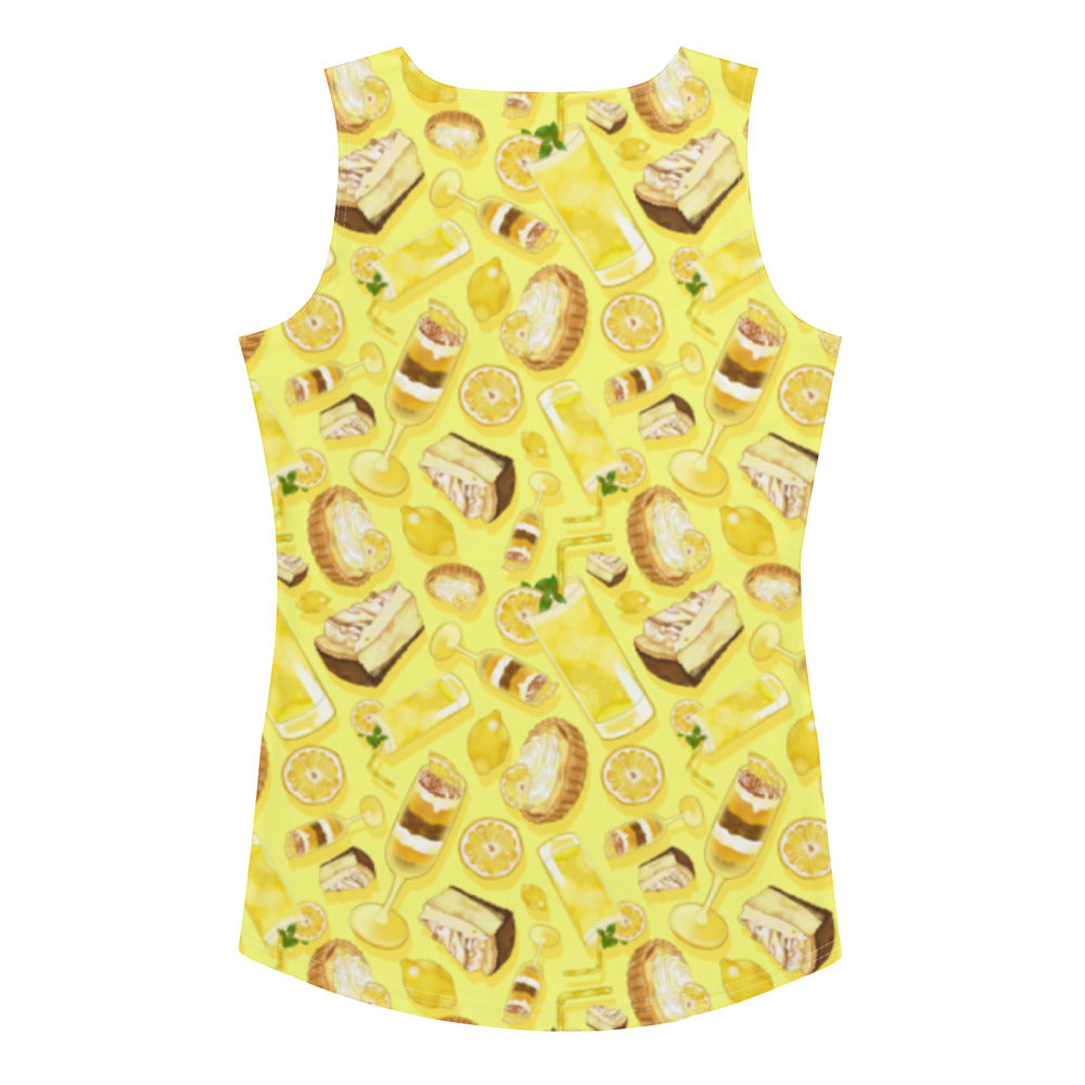 Bright yellow Lemon Tank Top featuring a fun dessert pattern, perfect for workouts or casual outings. Order one size down!