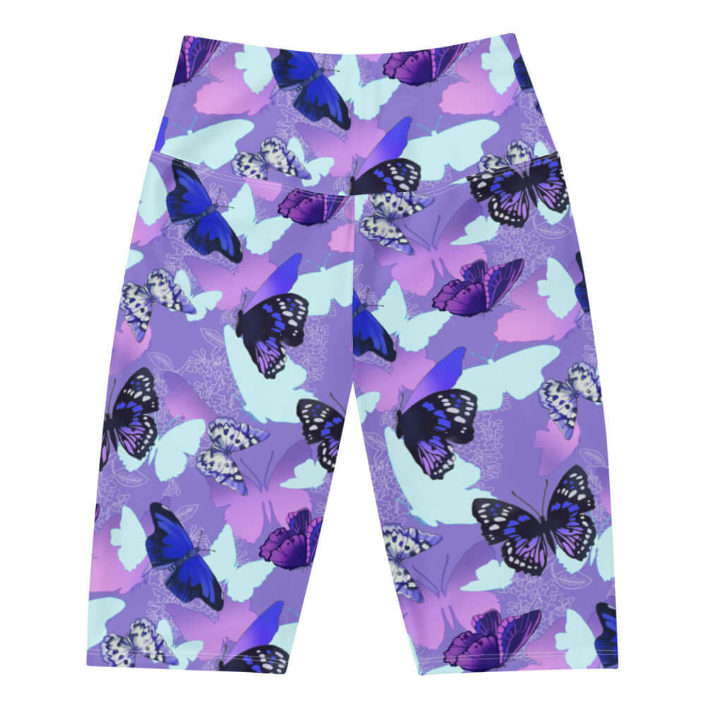 High-waisted Butterfly Biker Shorts with vibrant butterfly print, perfect for comfort and style with any top.