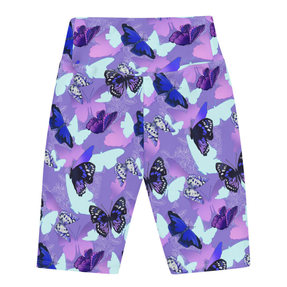 High-waisted Butterfly Biker Shorts in vibrant purple with a butterfly print, perfect for style and comfort.
