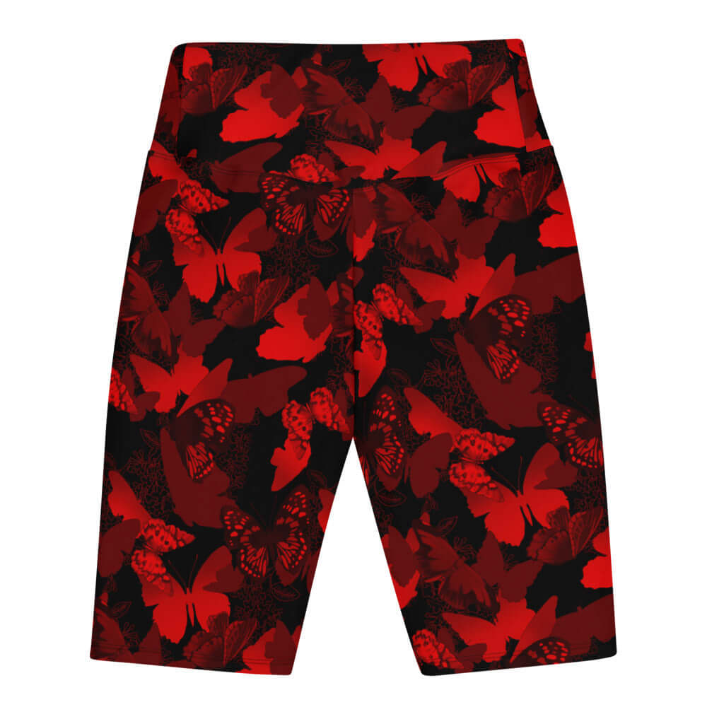 High-waisted Butterfly Biker Shorts in vibrant red and black, perfect for comfort and style at your next workout.