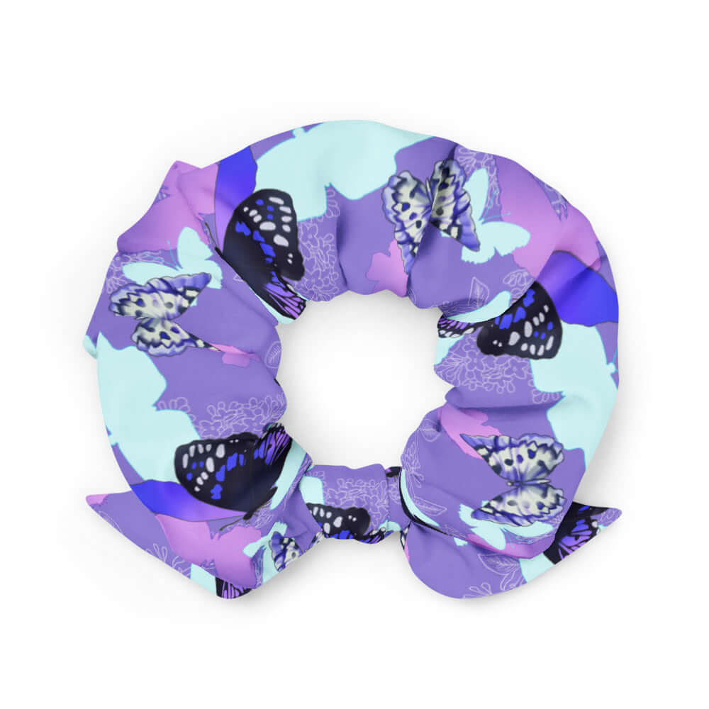 Colorful Butterfly Scrunchie featuring vibrant butterfly prints, perfect for stylish hair accessories.