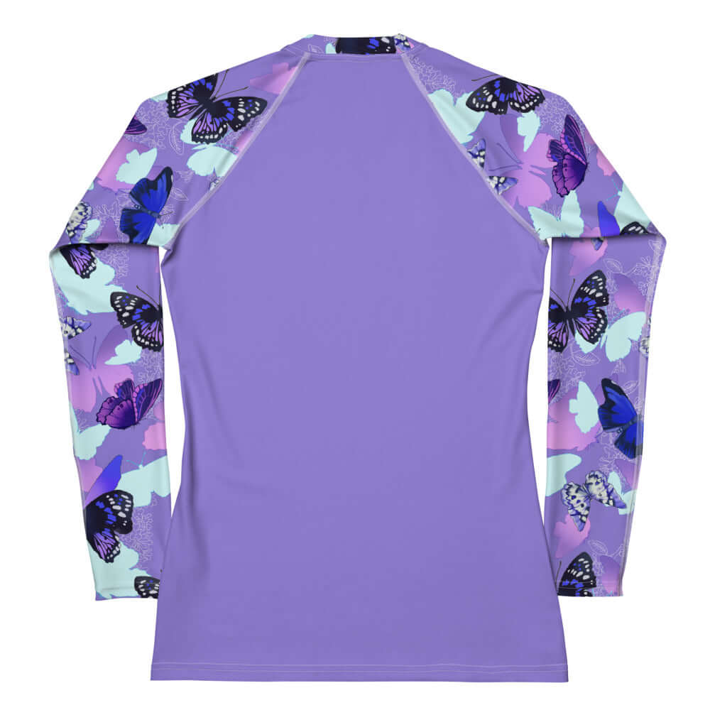 Stylish Butterfly Rash Guard with long sleeves, perfect for sports and sun protection, featuring vibrant butterfly prints.