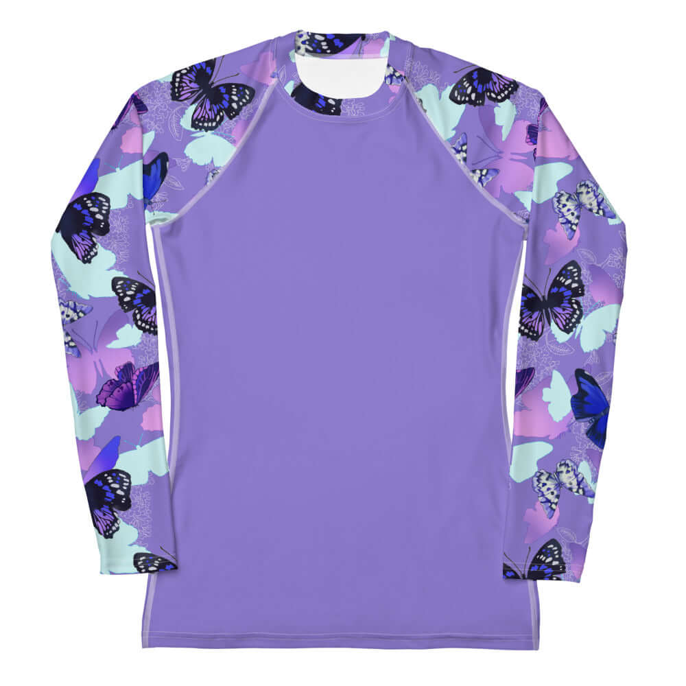 Stylish Butterfly Rash Guard in purple with vibrant butterfly prints, perfect for active outdoor adventures.