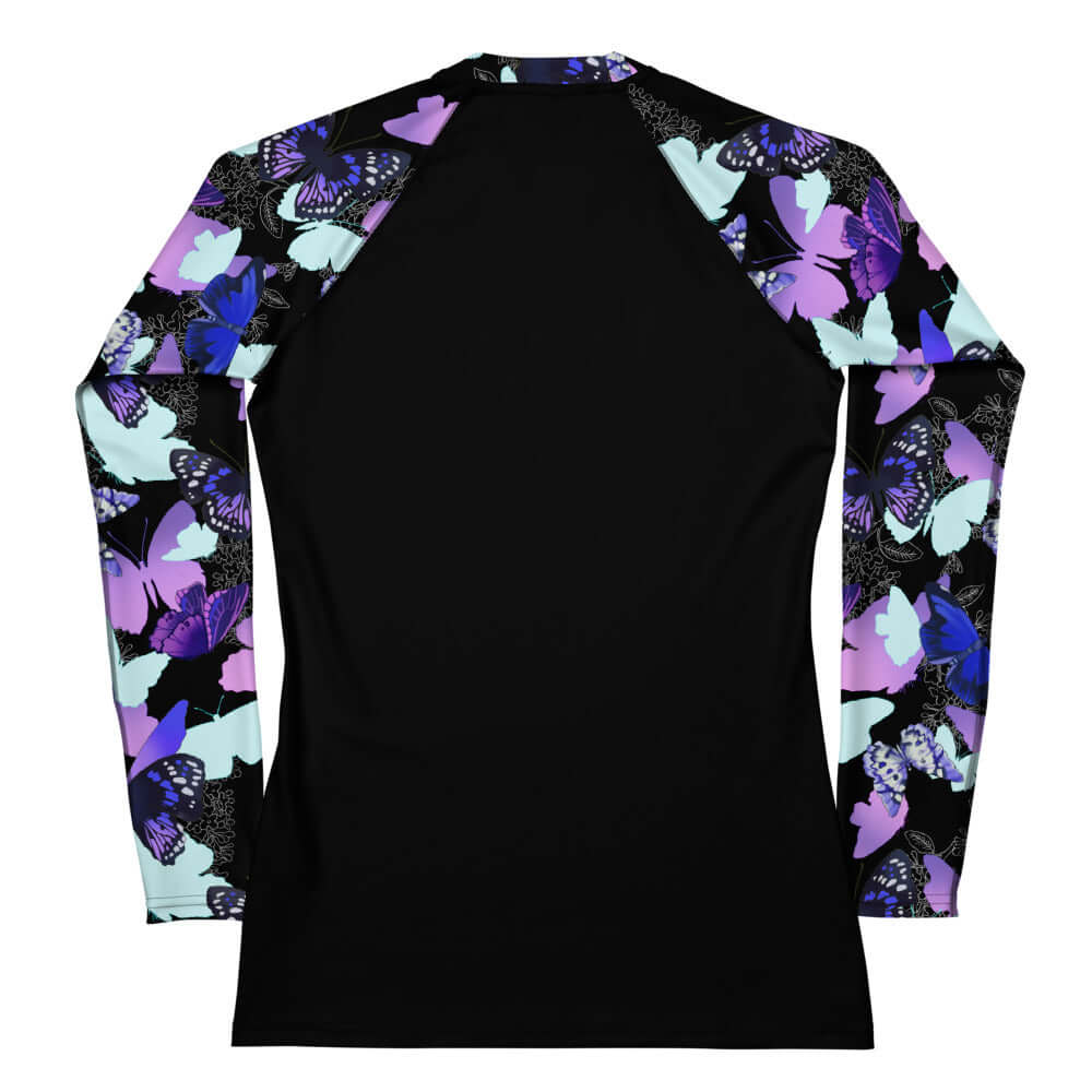 Stylish Butterfly Rash Guard with vibrant butterfly print, perfect for active outdoor sports and sun protection.