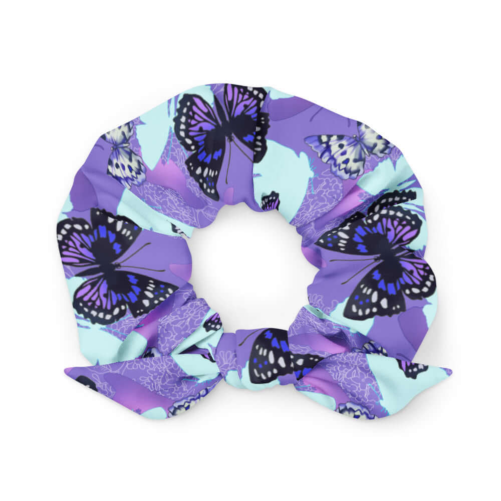 Colorful Butterfly Scrunchie featuring vibrant butterfly prints, perfect for stylish hair accessories.