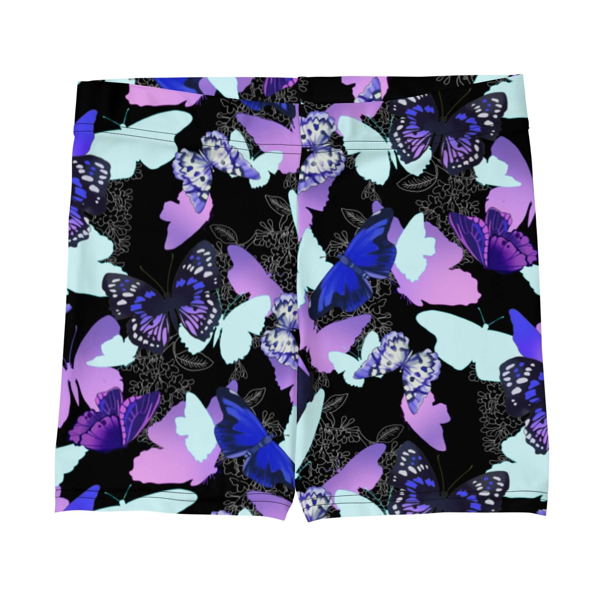 Colorful Butterfly Shorts featuring vibrant butterfly prints, perfect for lounging or gym wear. Match with a crop top!