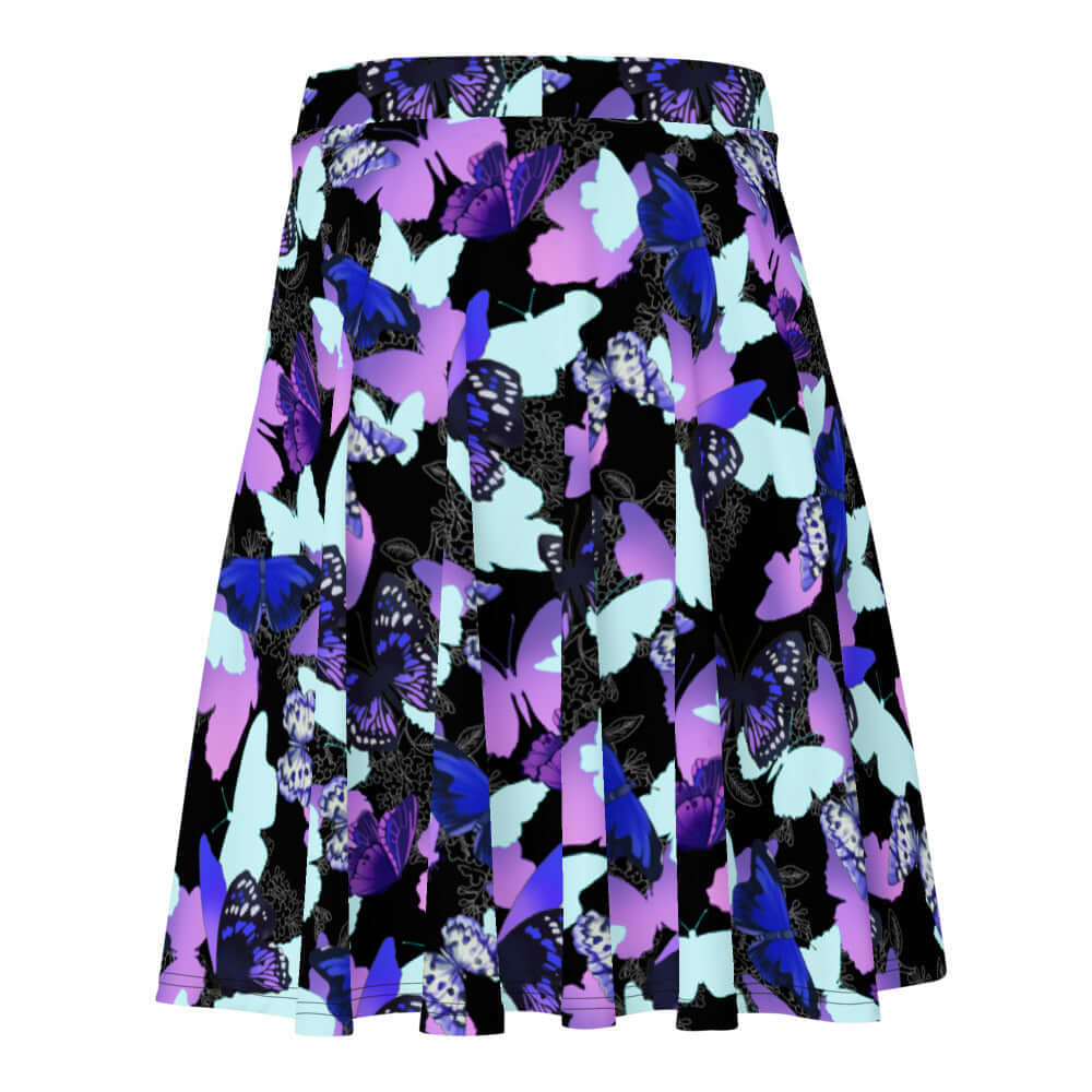 Vibrant Butterfly Skater Skirt featuring a flattering silhouette and comfy elastic waistband for all-day wear.