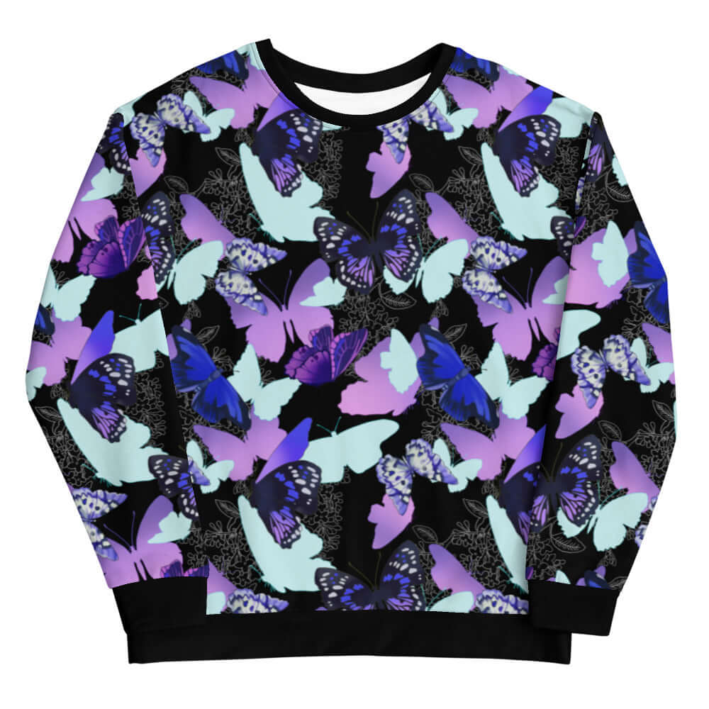Colorful Butterfly Sweatshirt featuring vibrant butterfly designs, perfect for a unique casual style.
