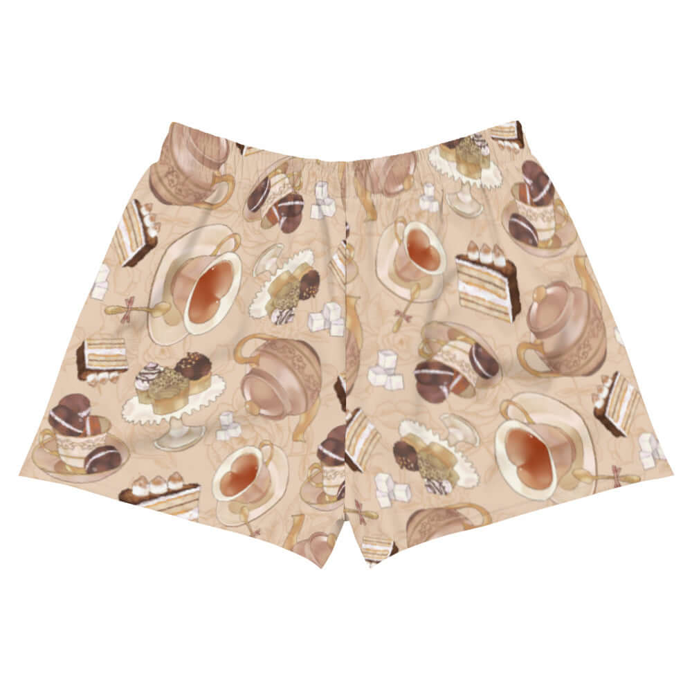 Café Athletic Short Shorts with a charming tea and pastry print for ultimate comfort and style on the go.