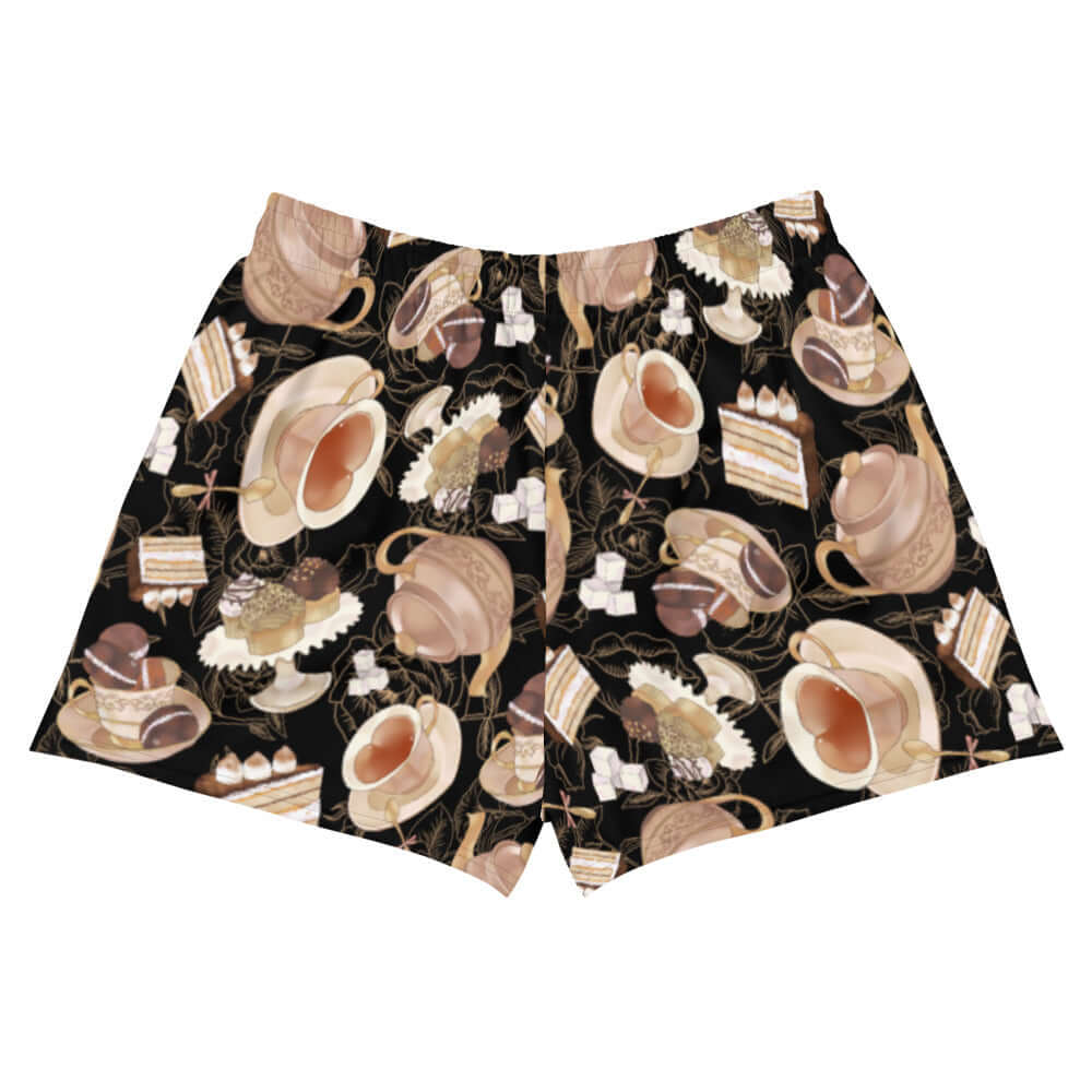 Café Athletic Short Shorts feature a charming print of tea and pastries, perfect for comfort and style on the go.