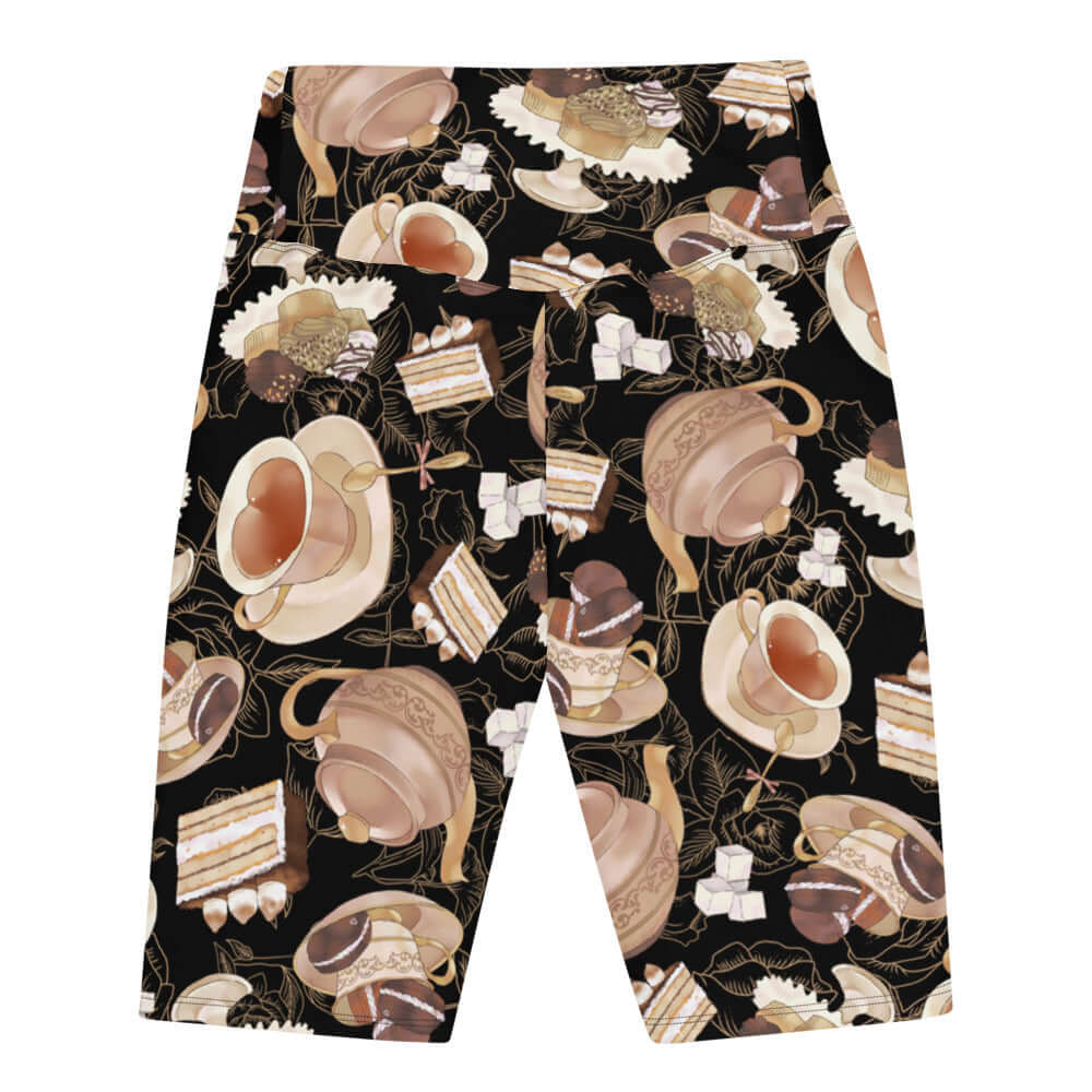 High-waisted Café Biker Shorts feature a stylish café-themed print, perfect for comfort and versatility.