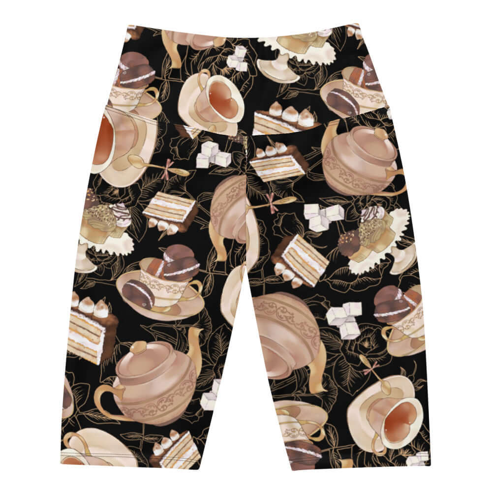 Café Biker Shorts featuring a stylish print of coffee cups and desserts, perfect for comfort and trendy outfits.