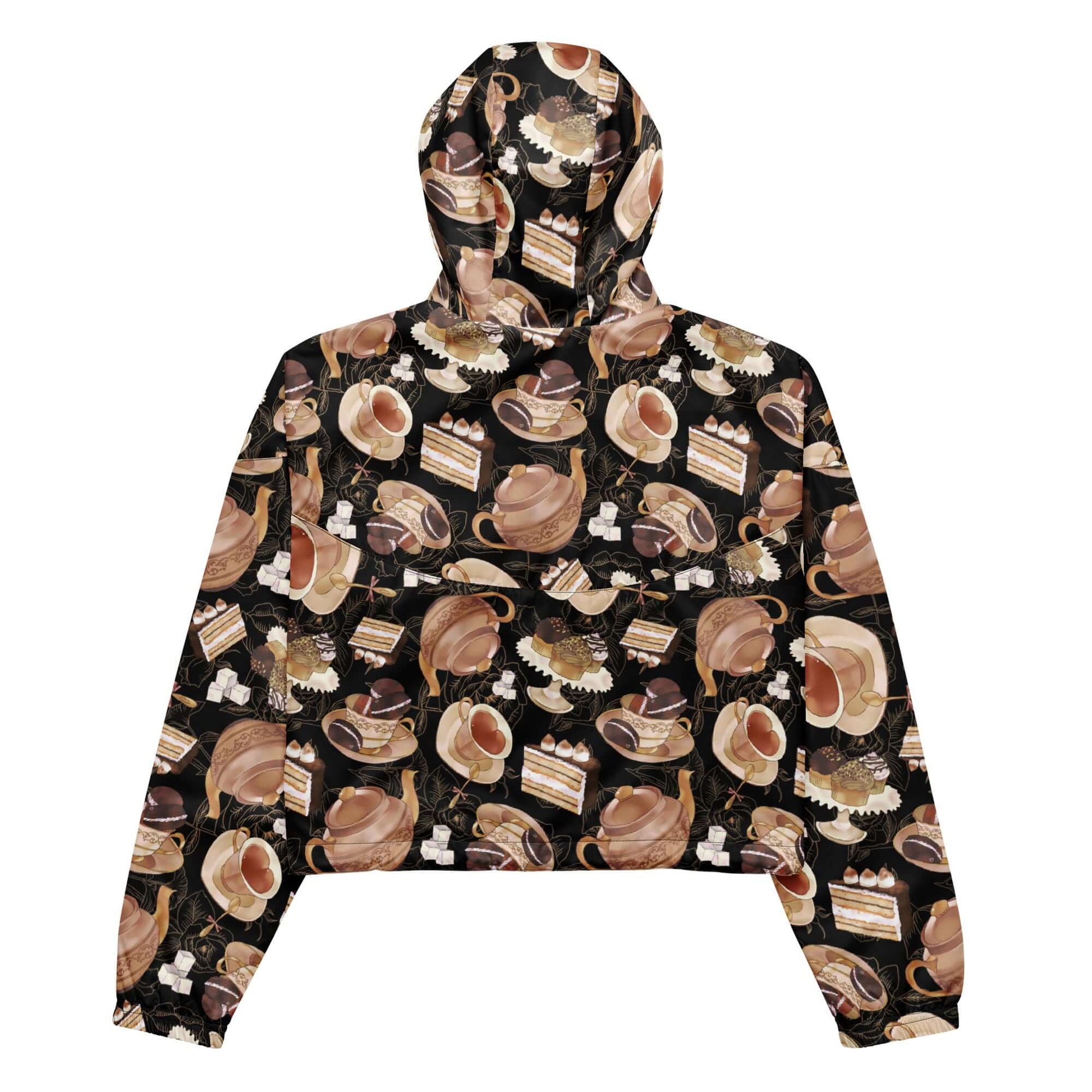 Stylish Café cropped windbreaker with a unique coffee-themed design, perfect for adventures and staying dry.