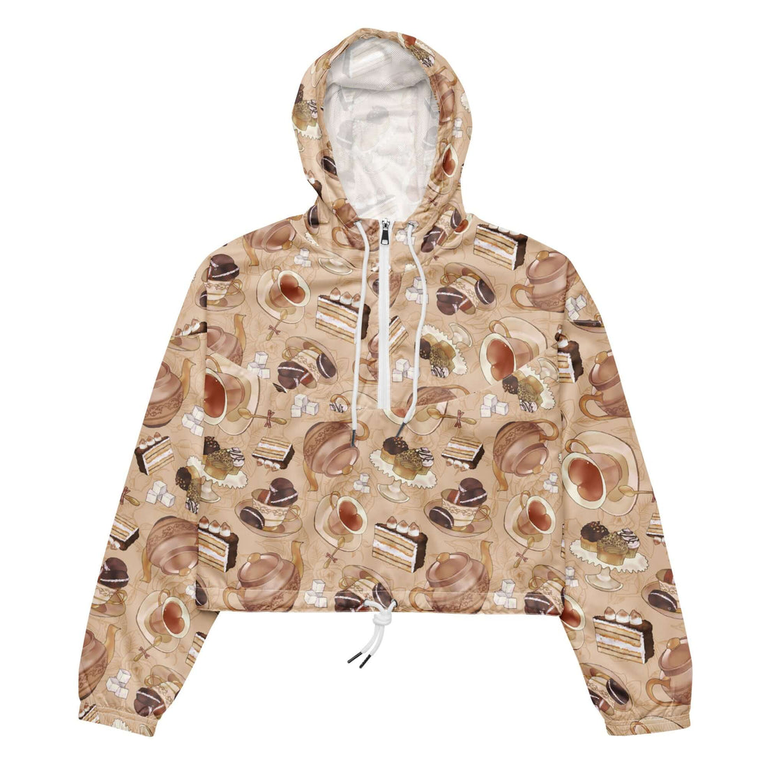 Lightweight and stylish, the Café cropped windbreaker features a fun coffee print and adjustable drawcords for comfort.