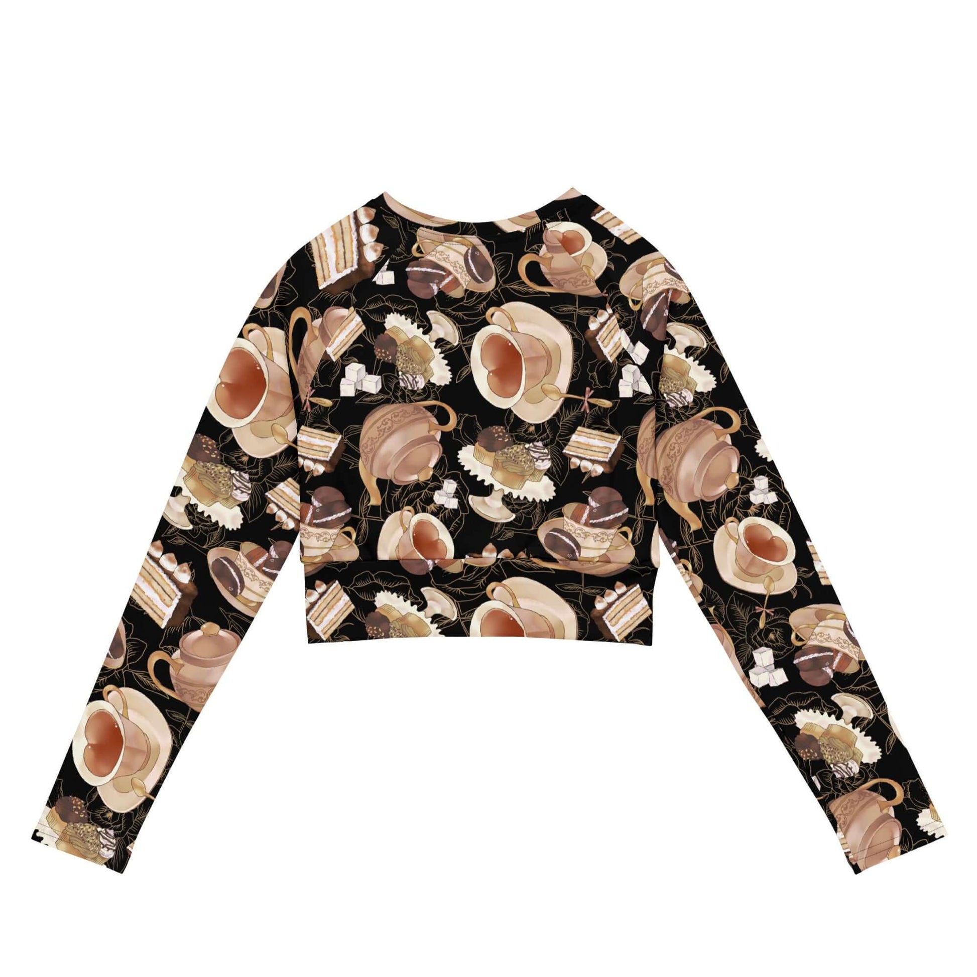 Café Long-sleeved Crop Top features a unique pattern and eco-friendly materials, perfect for athleisure and sports.
