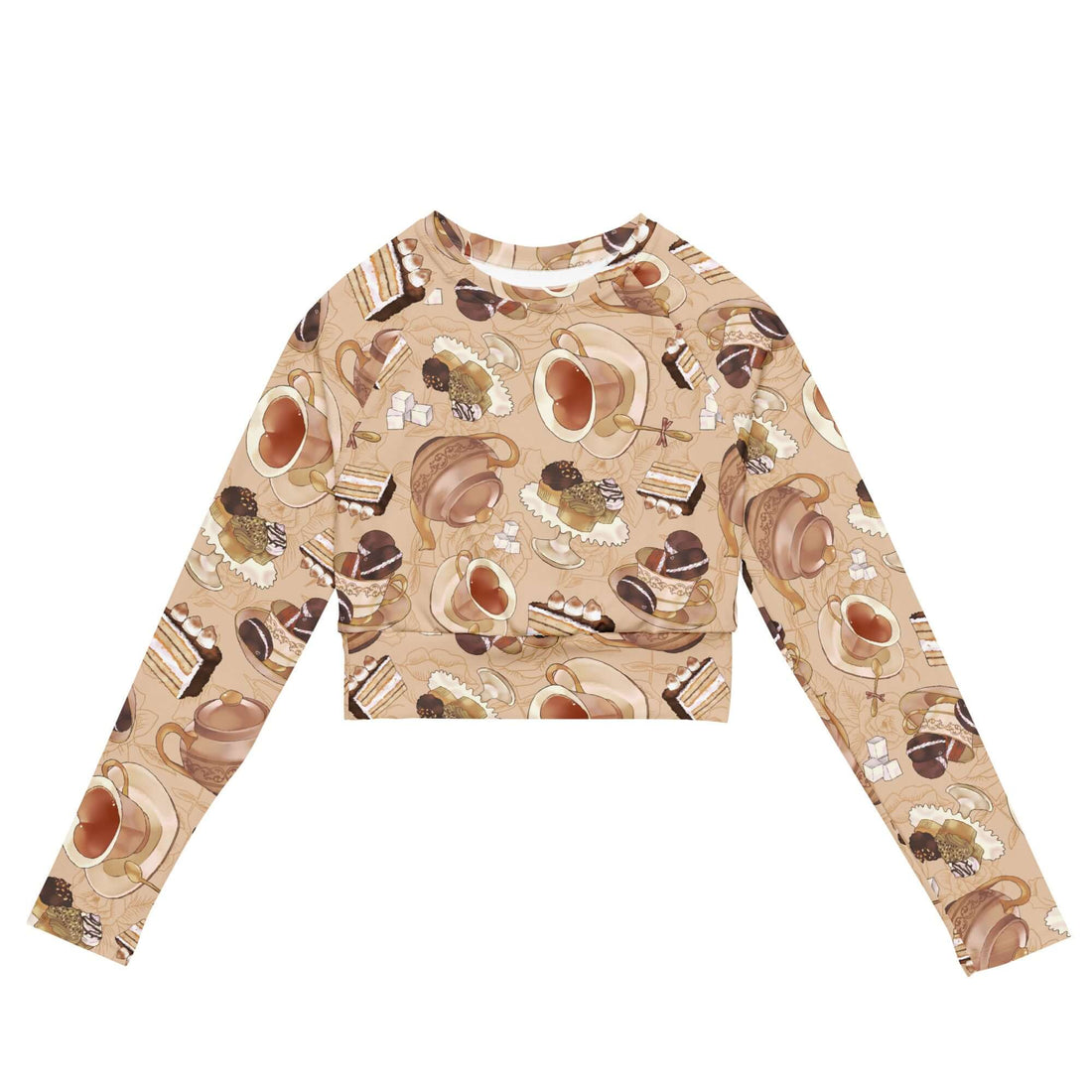 Café Long-sleeved Crop Top featuring a stylish food print, perfect for eco-friendly athleisure by your favorite store.