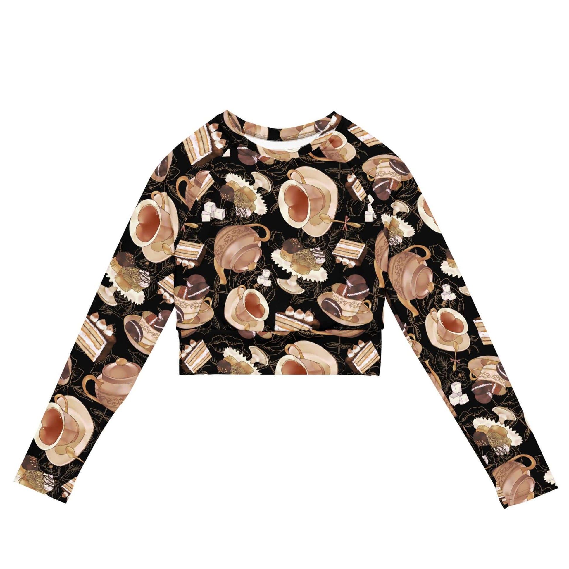 Café Long-sleeved Crop Top features a unique design, eco-friendly materials, perfect for sporty and casual outfits.