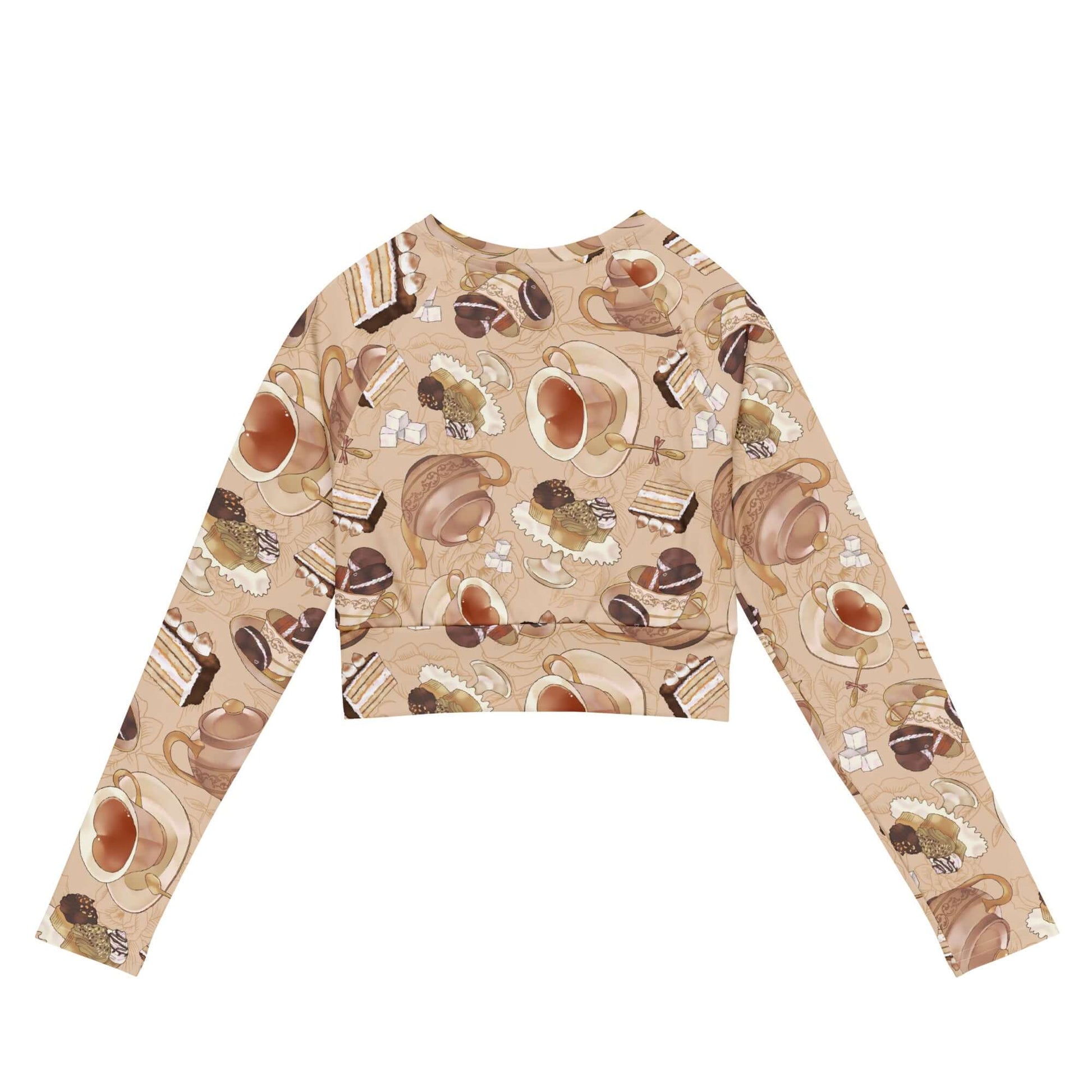 Café Long-sleeved Crop Top featuring a stylish dessert pattern, perfect for eco-friendly athleisure and sportswear.