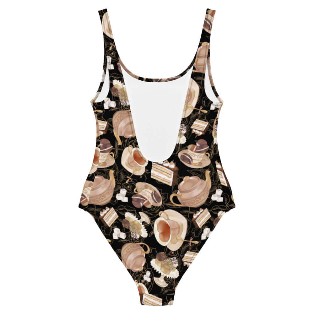 Café One-Piece Swimsuit features a stylish teacup design, perfect for beach days and poolside relaxation.