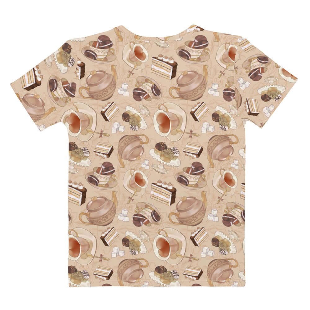 Chic all-over print Café T-shirt, perfect for lounging or workouts, featuring coffee and dessert designs.