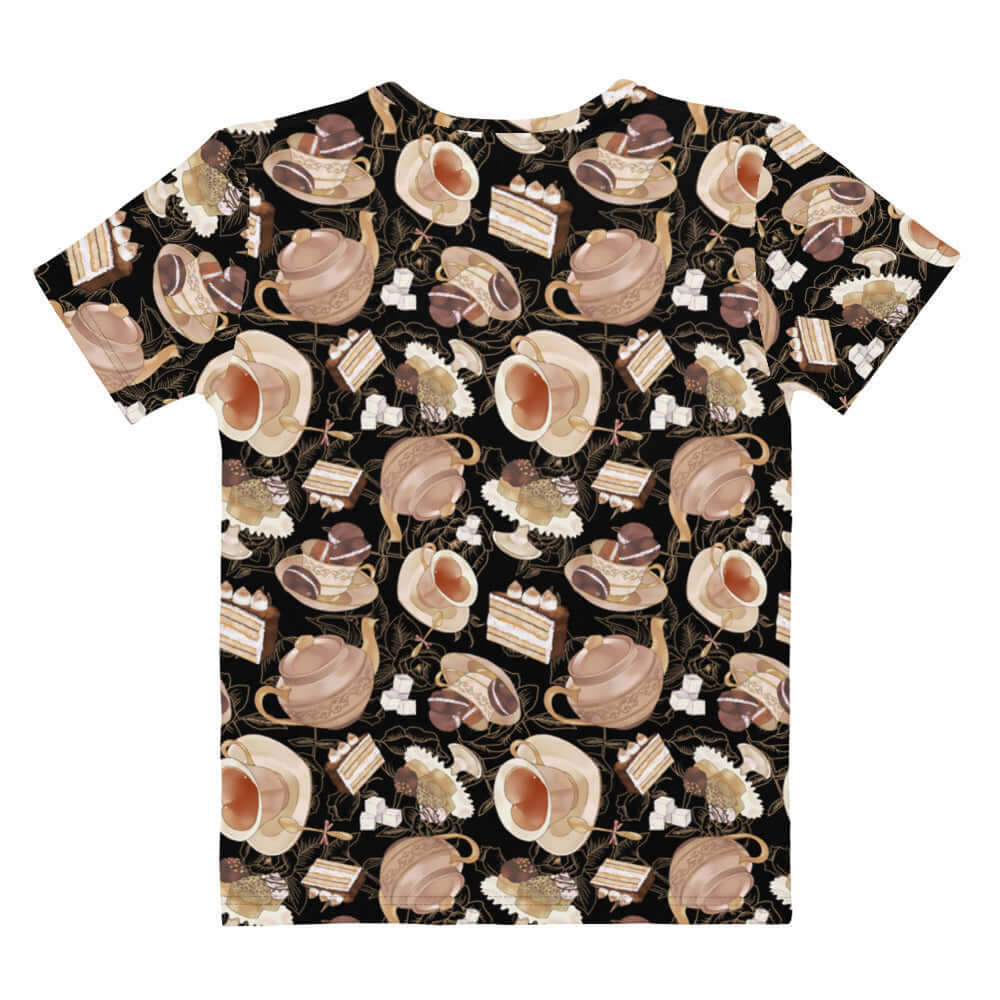 Stylish Café T-shirt featuring a charming design of cups and desserts, perfect for casual outings or lounging.