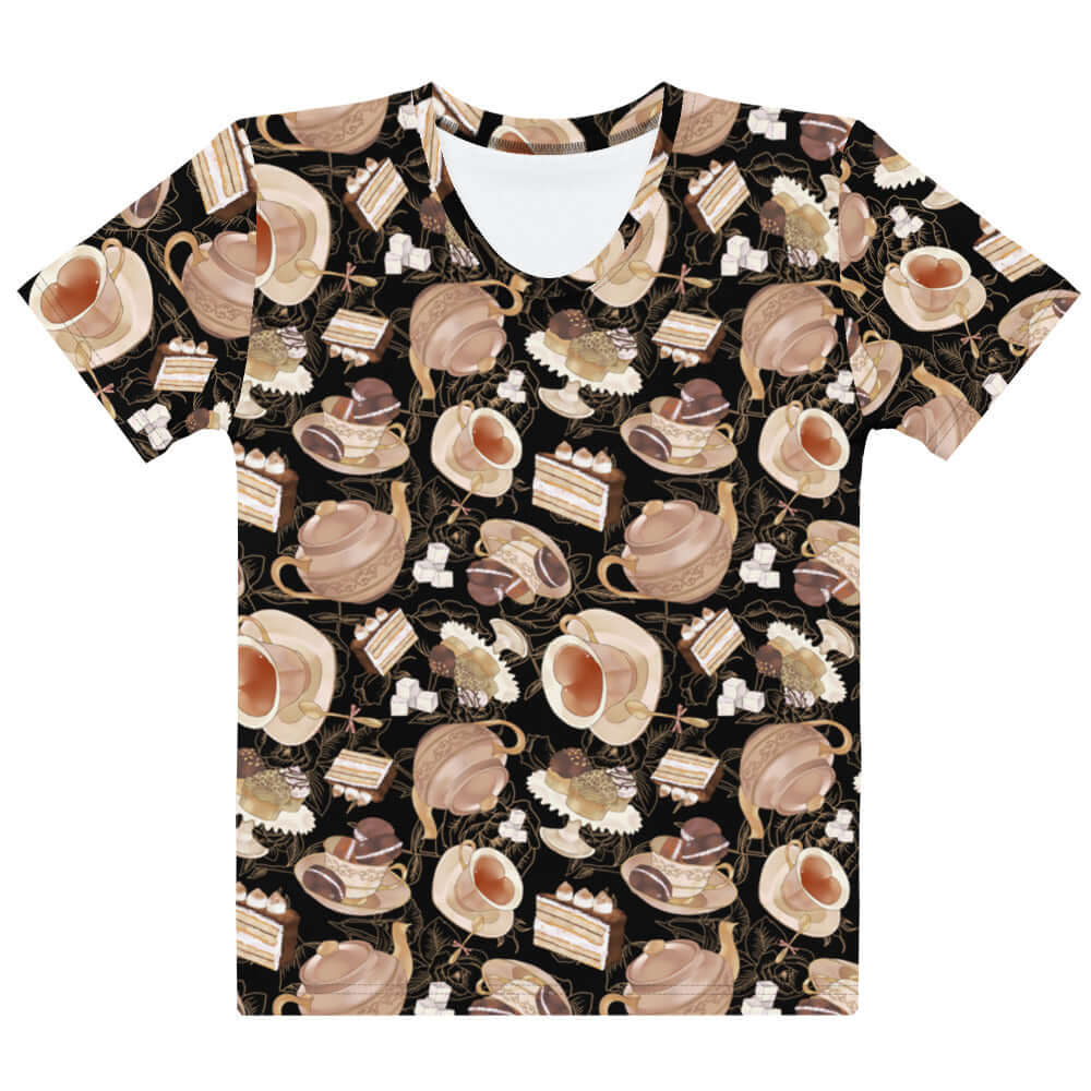 Stylish Café T-shirt featuring a charming coffee and dessert print, perfect for any casual occasion.