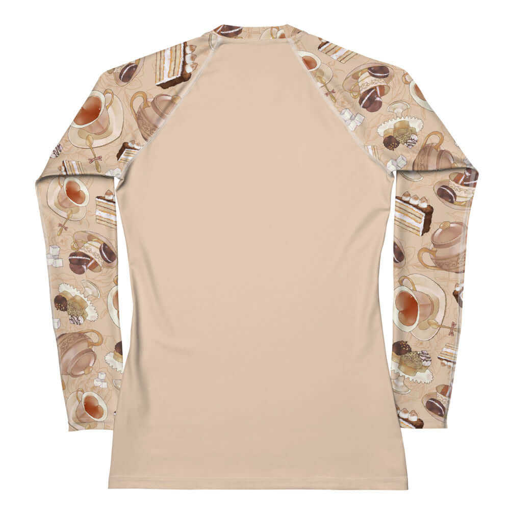 Stylish Café Rash Guard features a unique coffee-themed design for active comfort and sun protection. Perfect for sports!