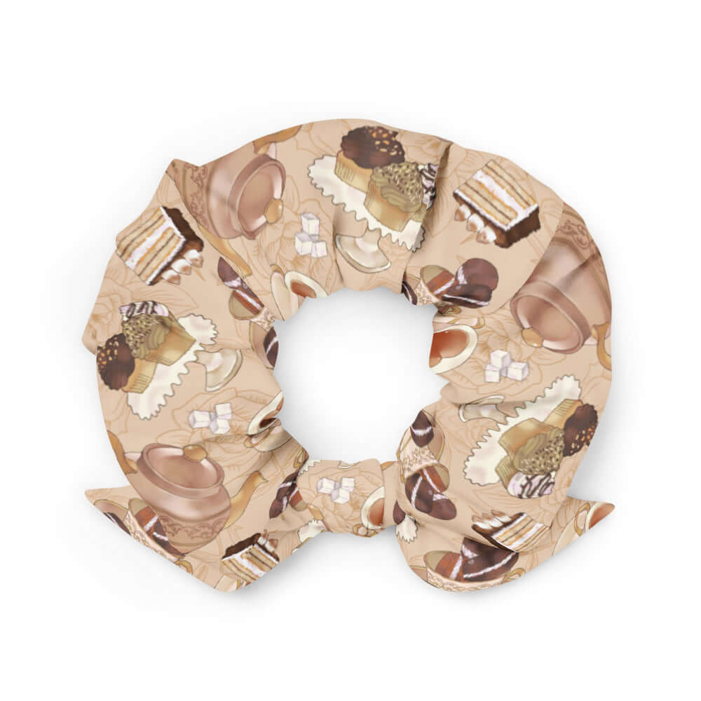 Café Scrunchie featuring a delightful coffee and dessert design, perfect for adding flair to any outfit.