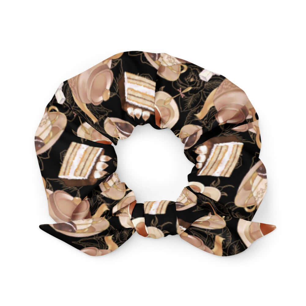 Café Scrunchie featuring a charming dessert pattern, perfect for adding style to any outfit. Get yours today!