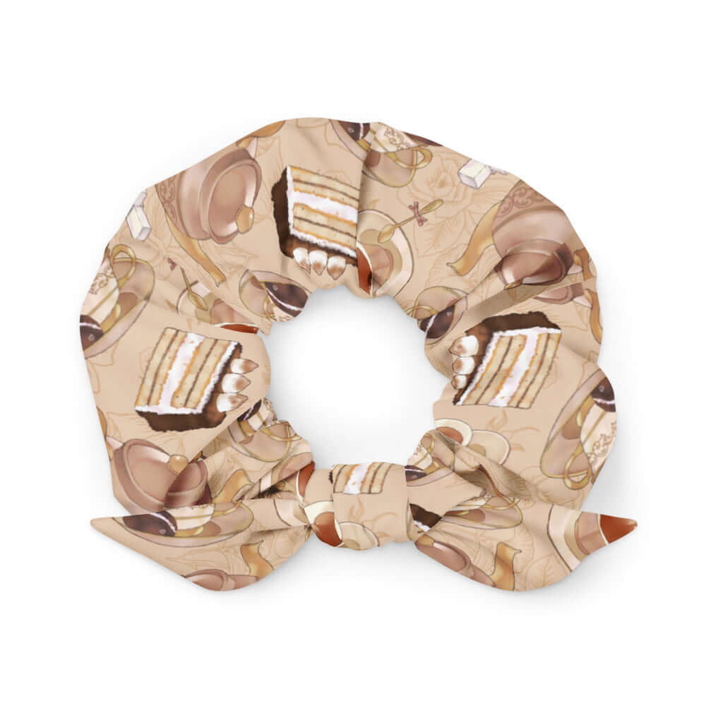Stylish Café Scrunchie featuring a delicious dessert print, perfect for any outfit while keeping your hair secure.