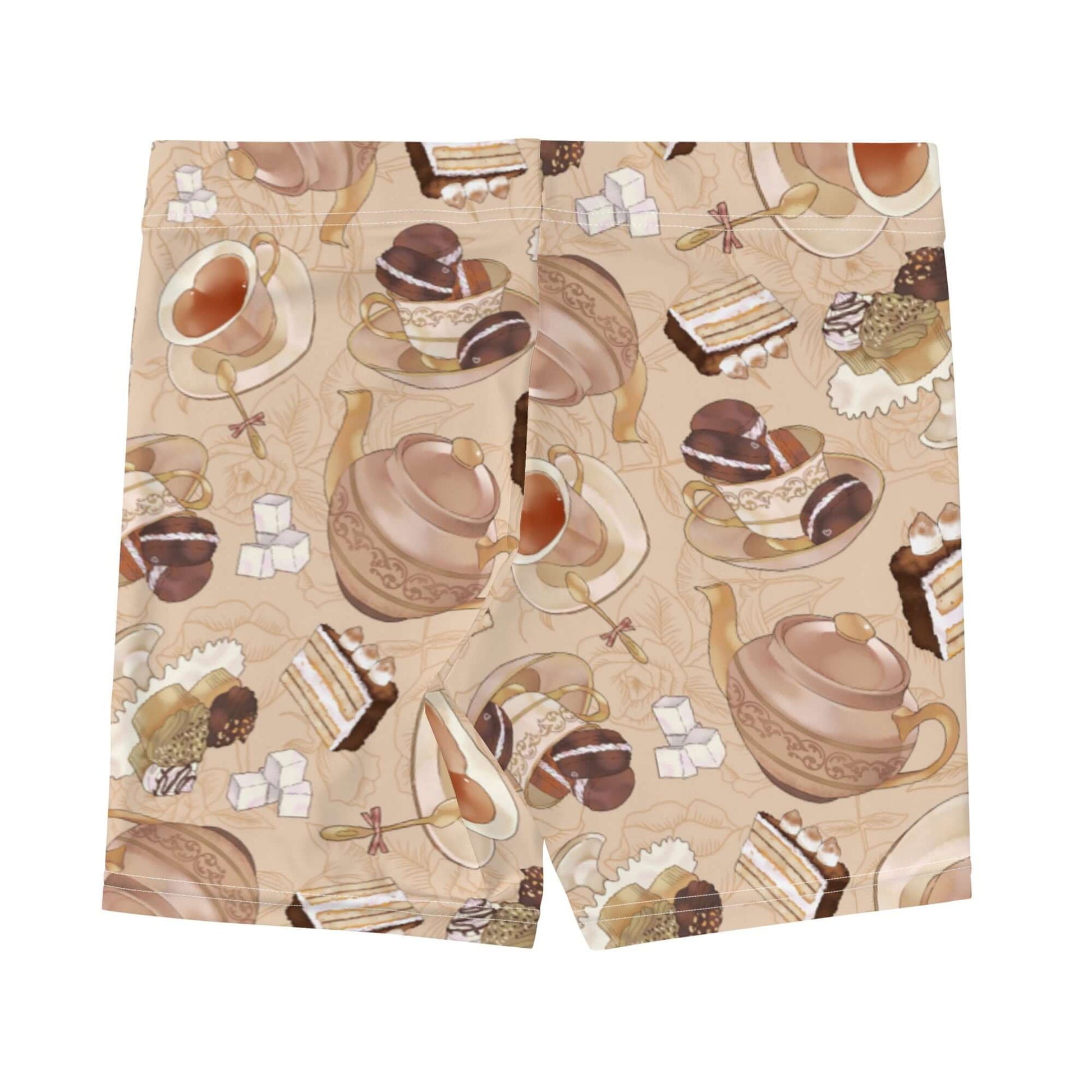Café Shorts feature a delightful tea and dessert print, perfect for workouts with comfort and style.