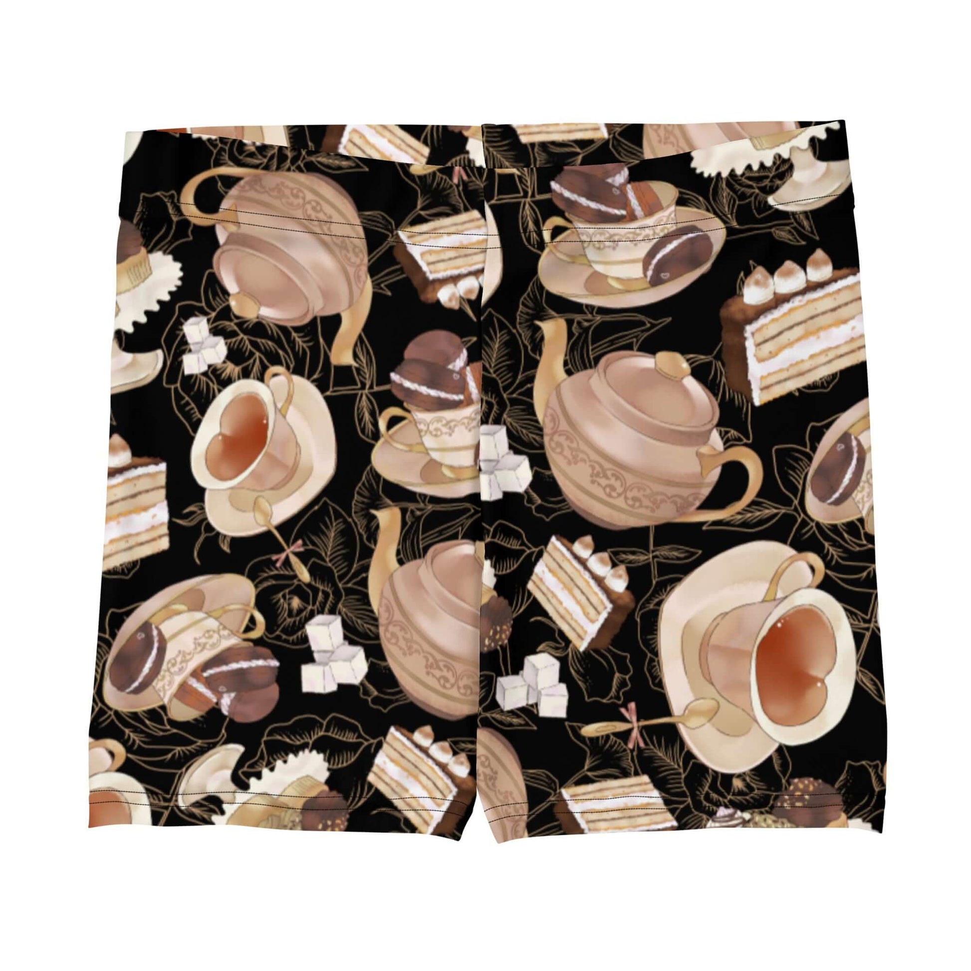Stylish Café Shorts featuring a fun tea and dessert print, perfect for workouts and everyday comfort.