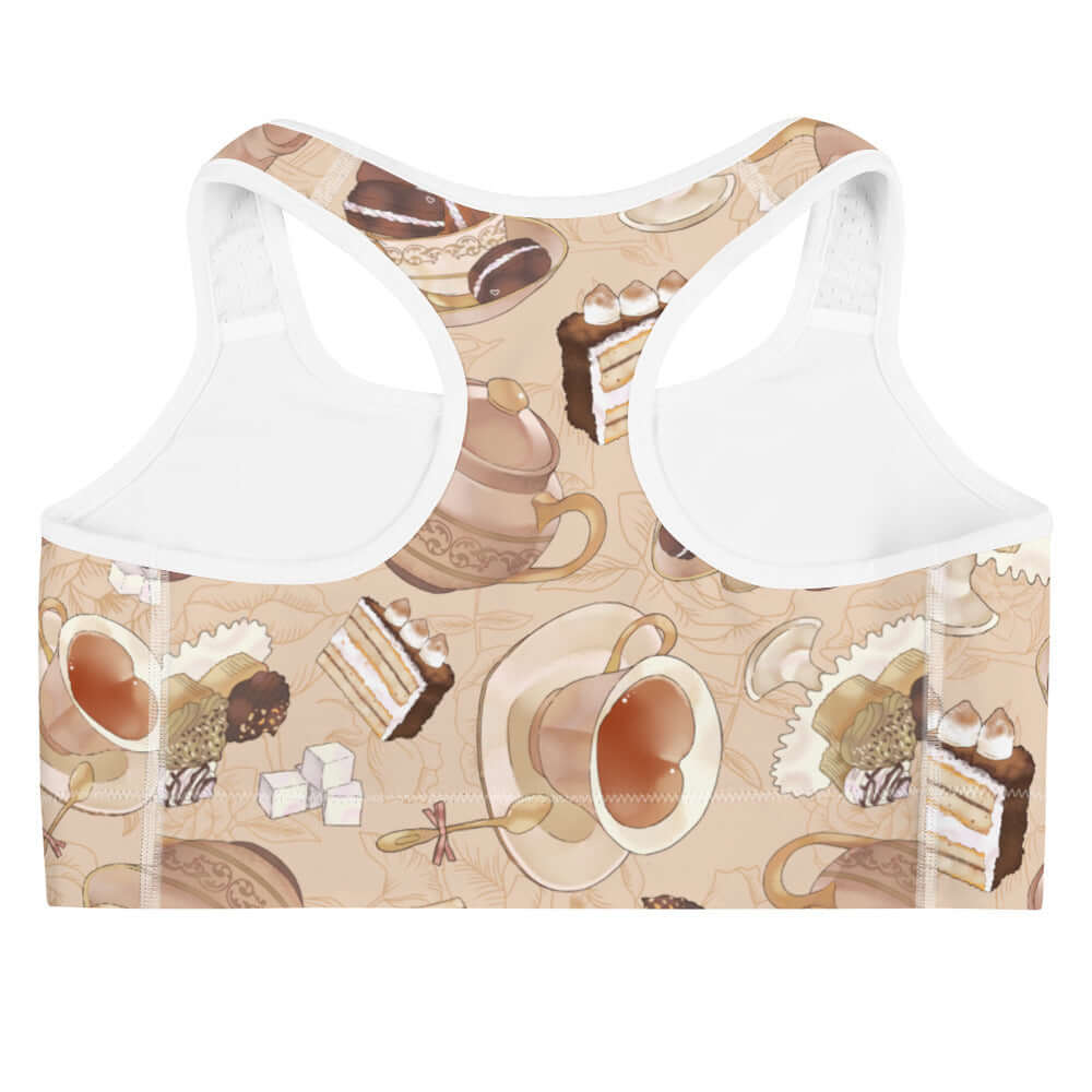 Café Sports bra featuring a delightful dessert print, perfect for yoga or coffee breaks, combining style and comfort.