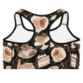 Café Sports bra features a delightful coffee and dessert design, perfect for workouts or relaxing coffee breaks.