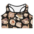 Café Sports bra features a charming dessert pattern, perfect for workouts or coffee breaks. Stylish and supportive!